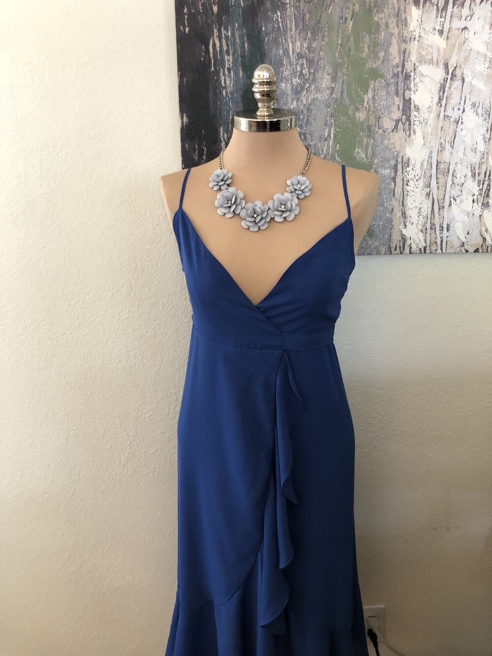 Lulus Manhattan Moment Ruffled Midi Wrap Dress Size XS Blue Straps Sleeveless - Picture 2 of 10